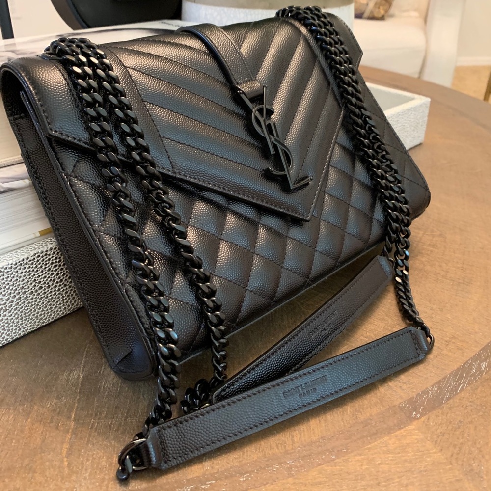 SAINT LAURENT Triquilt Grain V Flap Satchel Bag